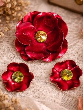 Vintage Red Enamel Flower Brooch & Earrings Set Rhinestone Center